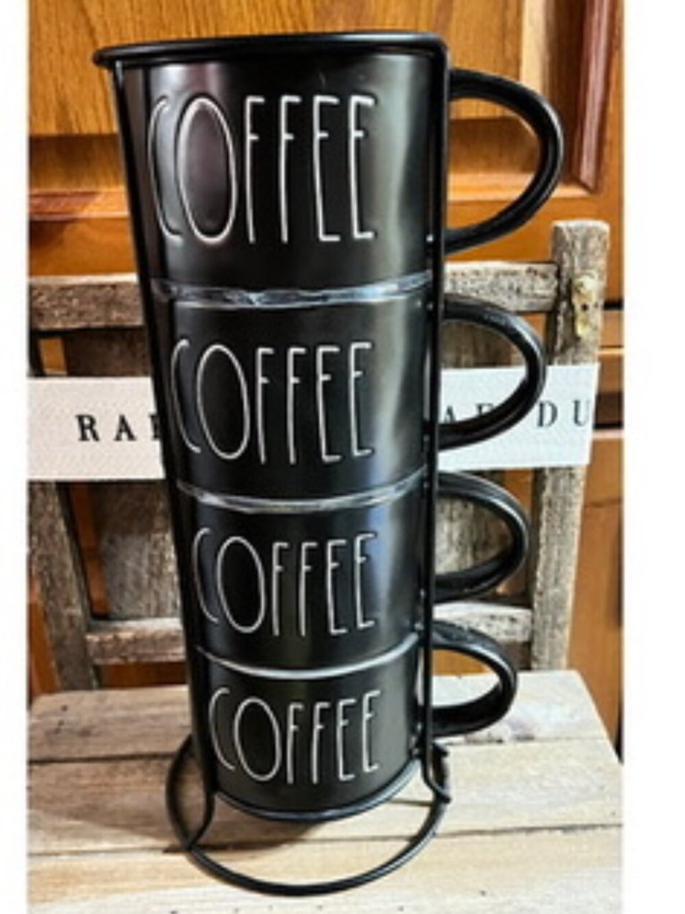 Rae Dunn "COFFEE" Stacking Black Mugs Set of 4 with Metal Stand